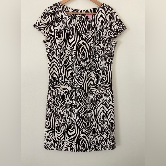 Lilly Pulitzer Layton Shift Dress brown zebra pattern L EUC - Picture 2 of 5